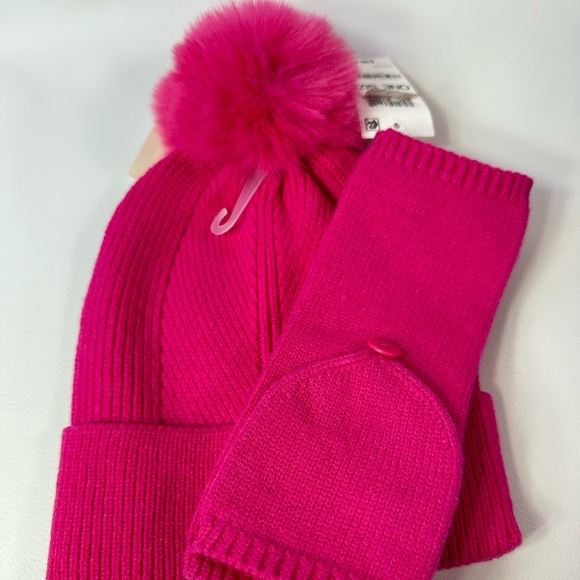 SET! NEW Women's On 34th Multicolor Knit Scarf, Fold-down Mittens & Pink Pom Hat - Picture 2 of 4